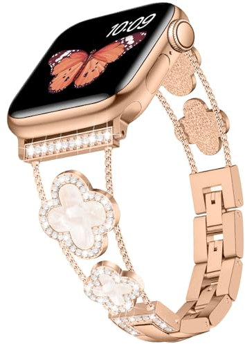 Tasikar Bling Diamant Damenarmband Kompatibel mit Apple Watch Armband 42mm(Serie 10) 41mm 40mm 38mm SE Serie 10 9 8 7 6 5 4 3 2 1 süßes Glückskleeblatt elegantes Ersatzarmband (Roségold)