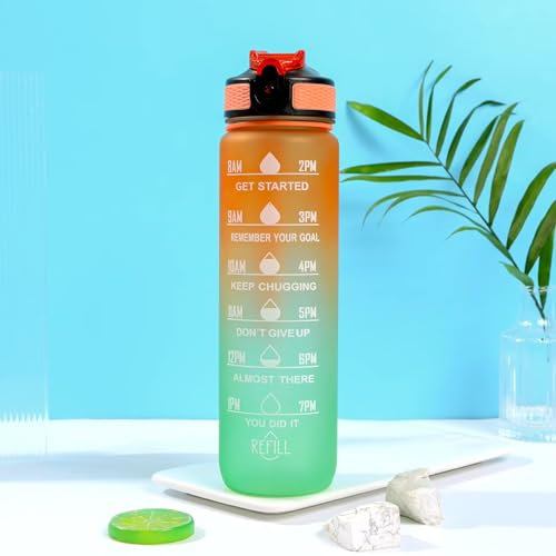 1 Litre Motivational Fitness Sport Water Bottle with Straw & Time Marker, Guaranteed Leak-Proof Design, BPA-Free Plastic Drink Bottle, Designed for Gym, Running, Cycling - Orange/Green