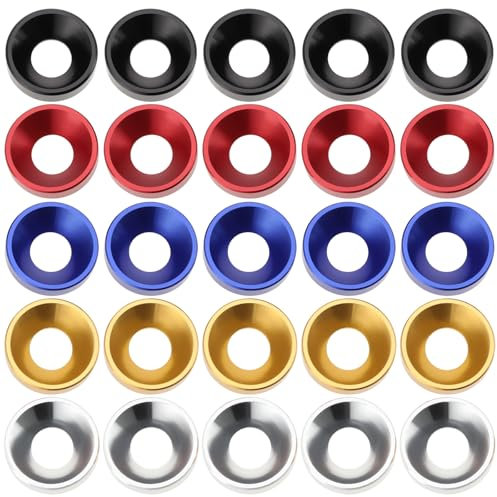 SG Store 25 Stück M6 X 14 X 3,5 Mm Senkkopf-Unterlegscheiben Aluminiumlegierung Bunte Dichtungen Enthält Je 5 Stück In Schwarz/Rot/Blau/Silber/Gold für Automöbel-Schraubenzubehör