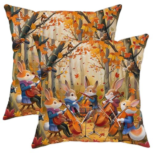 Lot de 2 housses de coussin décoratives carrées rustiques avec bande d'animaux de la forêt orange pour maison, canapé, lit, canapé, 50,8 x 50,8 cm