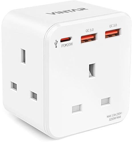 Multi Plug Adaptor with PD 20W Fast Charge USB C and 2 USB A, VINTAR 3 Way Adapter Plug UK Extension Socket, 13A Double Plug adapter UK for Bedroom, Office, Kitchen, White 1-pack