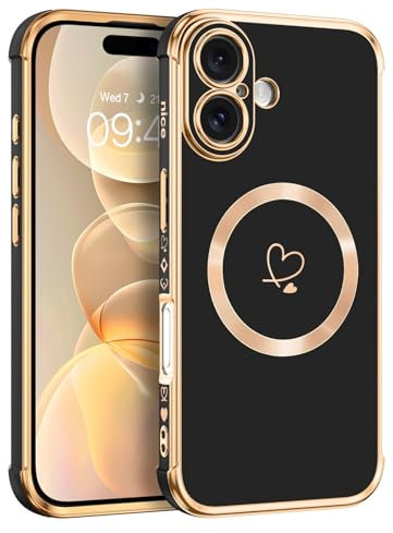 Telaso Magnetische Hülle für iPhone 16, Handyhülle für iPhone 16 Niedliches Herz Muster [ Kompatibel mit MagSafe ] Weiche Plattierung Abdeckung für Frauen, Schutz der Kamera, Schwarz