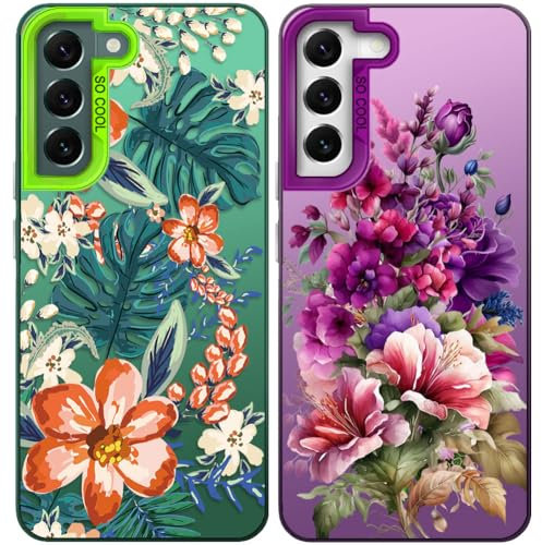 2 Pezzi Cover per Samsung Galaxy S21 FE 5G 6,4, Disegni Arancio fiorito floreale Fioreale Aesthetic Custodia Protezione Fotocamera Silicone TPU Morbida Antiurto Cellulare Case per Donne, verde +viola