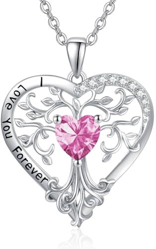 Birthstone Tree of Life Necklace for Women Sterling Silver October Birthstone Tourmaline Necklace Tree of Life Heart Pendant Jewellery Anniversary Birthday Gifts for Wife Mom Daughter
