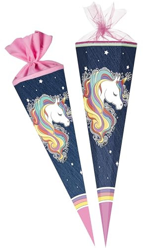 alles-meine.de GmbH Schultüte - Einhorn - Regenbogen Mähne 70-100 cm Größe wählbar Zubehör - komplette Füllung - Zuckertüte - Tüllabschluß/Filzabschluß - eckig/rund -..