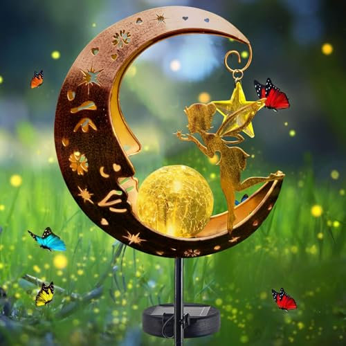 Sunshine smile Lámpara solar de luna para jardín, lámpara solar al aire libre, bola de cristal LED, lámpara de jardín, decoración de jardín para patio, césped, hada de las flores, lámpara solar con