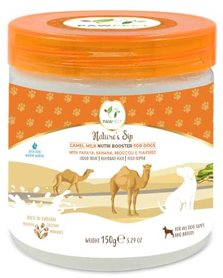 Pawfect Nature's Sip Camel Milk for Dogs with Papaya, Banana, Broccoli & Flaxseed – 150g (5.29oz) | Superfood Pet Supplement for Digestion, Immunity & Skin Health | Dog Milk Powder