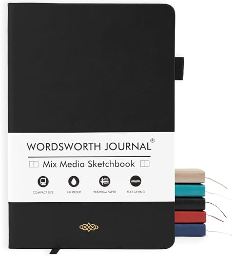 Wordsworth & Black A5 Mixed Media Journal, 96 gemischte Seiten, Hardcover-Leder, 190-g/m²-Papier, Journaling-Notizbuch für Arbeit und Skizzieren, Journale für alle – Geschenkbox inklusive, Schwarz