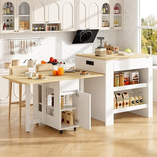 IHO SOFA Mesa de bar extensible con espacio de almacenamiento, mesa de comedor extensible de madera con 4 cajones y 4 estantes abiertos laterales, isla de cocina con bar, barra de bar con enchufe, 110