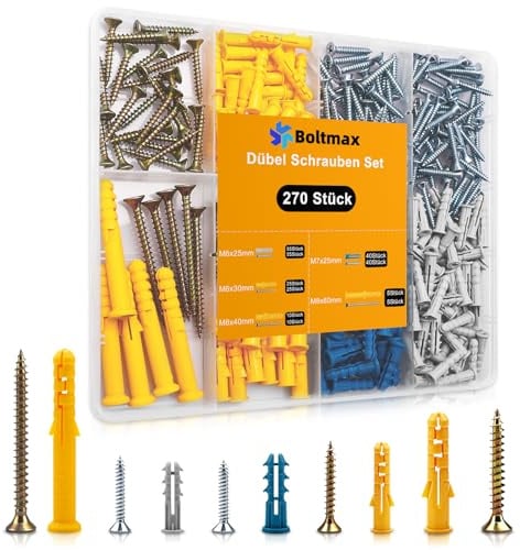 270 Stück Dübel Schrauben Set, Dübel Set, Hohlraumdübel mit Betonschrauben | Rigips Dübel in verschiedenen Größen, Gipskartondübel für zahlreiche Baustoffe wie Trockenbau, Beton, Ziegel