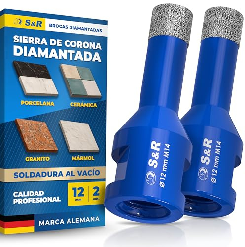 S&R Sci Cloche Diamant 12mm Foret Diamant Carrelage Meuleuse M14 – Trépan pour carrelage 12 mm. Lot 2 Scie à Cloche Carrelage Céramique, Grès cérame, Granit, Porcelaine, Marbre