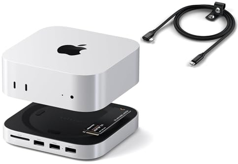 Satechi Mac Mini M4 Hub and Stand with NVMe SSD Enclosure USB A Ports SD Card Reader and USB C to USB C Right Angle Cable Bundle