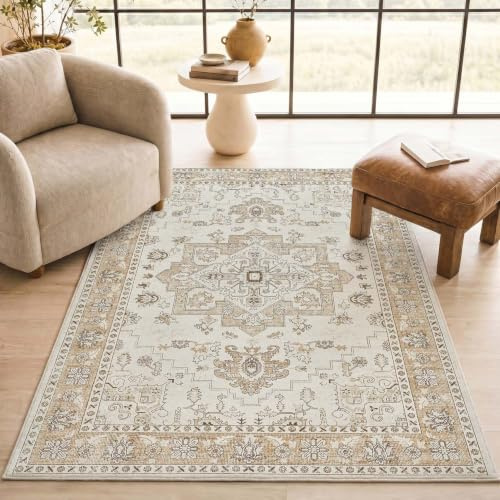 TOPICK Vintage Kurzflor waschbar faltbar Teppich Wohnzimmer 120x160 Beige | Orientalisch Teppich rutschfest Schlafzimme faltenfrei dünn antirutschunterlage Teppich Esszimmer Carpet Living Room Bedroom