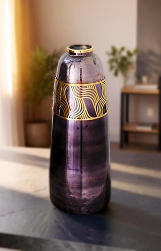 Modern Deep Purple Glass Floor Vase with Gold Patterned Filigree Band – 62cm Tall Decorative Flower Vase – Contemporary Metallic Finish Home & Office Décor Accent