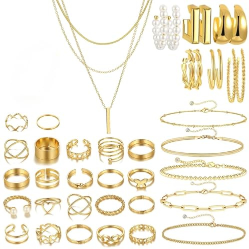ZXTGBQ Schmucksets für Damen, jewellery, Gold Schmuckset für Frauen mit 3 Halsketten, 5 Armbändern ketten set, 6 goldene Creolen, 22 ringe gold set, Modeschmuck jewelry Accessoires für Geschenke