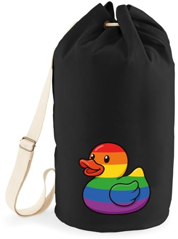 Huuraa Seesack Quietscheente LGBTQ Pride Comic Gummiente Geschenk | Tasche 20 Liter Strandtasche Black Baumwolle Rucksack Geschenkidee Schwarze Sporttasche Duffle Bag mit Kordelzug Verschluss