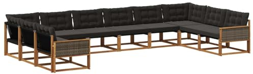 vidaXL Outdoor-Sofagarnitur mit Kissen 10 pcs Natürlich und Schwarz, Gartenmöbel-Set, modernes modulares Sofa, langlebige Couch, ergonomisches Design, schicke Terrassen-Sitzmöbel