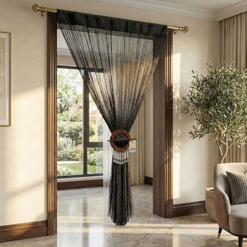 HOMESCAPES - Spaghetti String Curtain - Black - 100% Polyester - Hand Woven High Density Superior Door Curtain Panels - 200cm or 79 Inch drop - Can Be Cut To Size