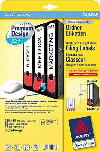Avery Zweckform L4706-20 Premium Design 2in1 Ordner-Etiketten, 288 x 38 mm, blickdicht, 20 Blatt/80 Etiketten, weiß-rot