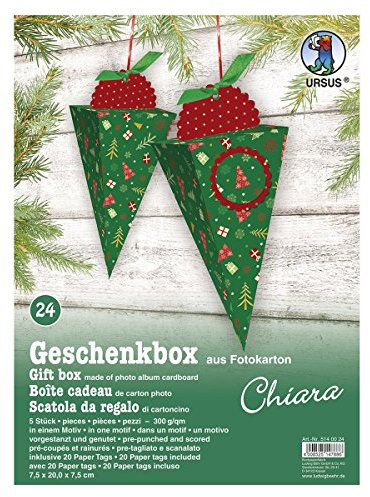 URSUS® Geschenkboxen-Set Chiara 24 (Winter/Weihnachten), Set für 5 Boxen, Motiv Tannenbäume, Geschenke, Schneekristalle auf Fotokarton grün