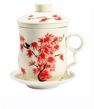 ufengke Jing Dezhen Taza De Té De Porcelana Taza De Té Hecha A Mano China, Conjunto De 4 Piezas Patrón De Arce Rojo, Taza De Té con Filtro, para Regalo, La Familia Y La Oficina - Blanco 300 Ml