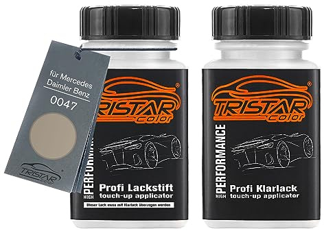 TRISTARcolor Autolack Lackstift für Mercedes 0047 Titanium Alubeam Me. +1K | für Mercedes / Daimler Benz, Amg Alubeam Silber Metallic / Titanium Alubeam Metallic, Set aus Basislack + Klarlack, je 50ml
