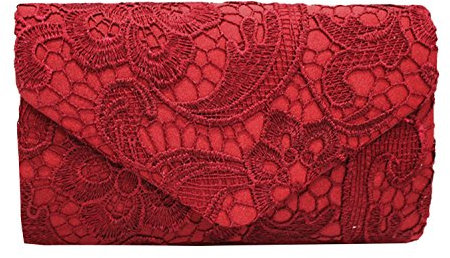 PB-SOAR Elegant Damentasche Clutch Abendtasche Brauttasche Umhängetasche Handtasche mit Spitze, 8 Farben auswählbar (Weinrot)