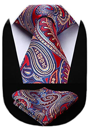 HISDERN Krawatten Set Herren Rot Extra Lange Paisley Krawatten und Einstecktuch Elegante Hochzeit Seidenkrawatte Taschentuch Mehrfarbig für Männer