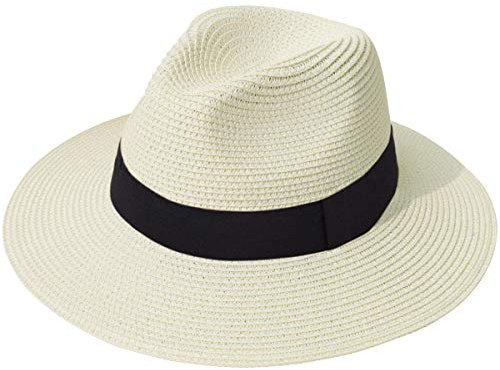 Lanzom Chapeau de plage Fedora à large bord en paille, UPF50+, Panama pour femme, Taille unique