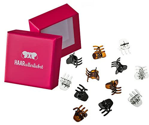 HAARallerliebst Haarklammer Klein Set 12 Stück – Haarspange Klein für Damen – Haarspangen Damen schwarz braun transparent – Kleine Haarklammern – Haarklemmen – Mini Haarklammern