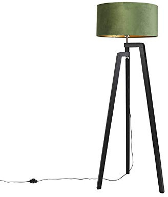 Qazqa - Floor lamp Tripod Black with Green Shade and Gold 50 cm - Puros- - Country I Rustic - Suitable for LED E27 | 1 Light - Wood Floor lamp - Suitable for Living Room I Bedroom I