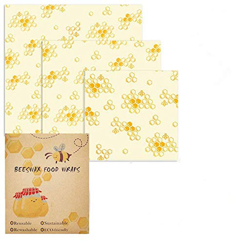 Beeswax Wrap, Set of 3 Pack, Reusable Eco Wrapping Paper, Natural Sustainable Plastic Free Food Storage for Sandwich, Bread, Fruit, Washable Bowl Covers, Cotton