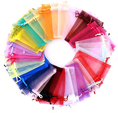 100 Stück Kleine Organzasäckchen, 7x9cm Schmuckbeutel Farbe Organza Taschen mit Kordelzug Geschenksäckchen für Hochzeit Taufe Party Weihnachten(Mehrfarbig)