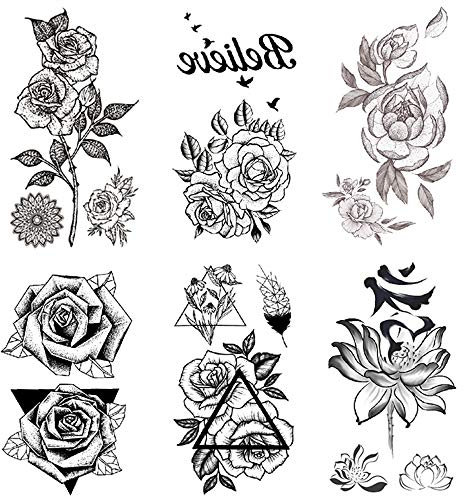 Yesallwas 6 Sheet Small Fake Rose Tattoo for Women Kids Girls, Waterproof Black Flower Temporary Tattoos Lasting Sexy Tattoos (A)