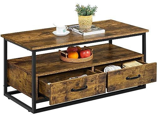 Yaheetech Couchtisch Kaffeetisch mit offenen Ablagen Wohnzimmertisch aus Holz und Metall Sofatisch mit viel Stauraum Beistelltisch für Wohnzimmer/Büro, Industrie-Design, 100 × 48 × 46 cm
