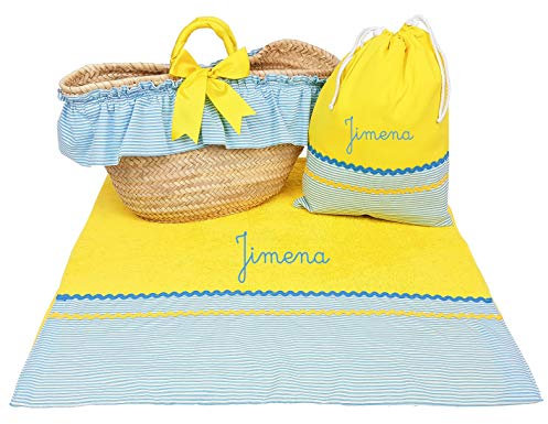 Capazo Mimbre Toalla de Playa Bolsa bañadores Personalizado para niña (Amarillo/Turquesa, 3 Piezas Personalizado)