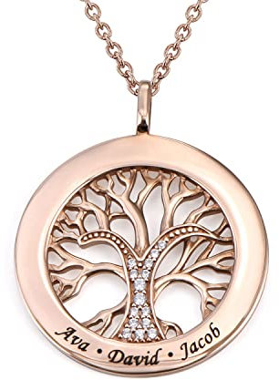 MYKA Collier Arbre de Vie avec Zircon Cubique en Argent 925 ou Plaqué Or - Personnalisé Gravé Sur Mesure Cadeau Pour Femme, Elle, Maman (Argent 925 Plaqué Or Rose 18cts)