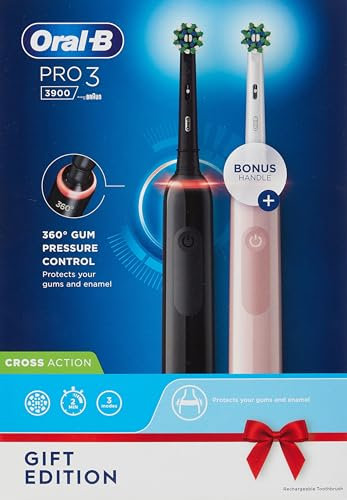 Oral-B Pro 3 2x Electric Toothbrushes For Adults, Gifts For Women / Men, 2 Handles & 2 Cross Action Toothbrush Heads, 3 Modes, Teeth Whitening, 2 Pin Plug, 3900, Black & Pink