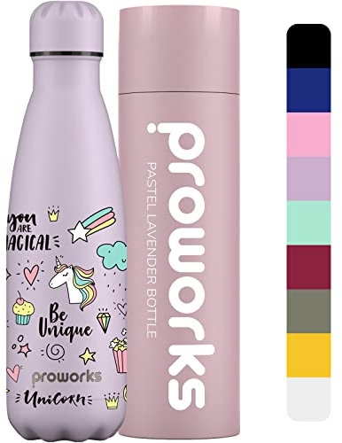 PROWORKS Bouteille d'eau Isotherme, sans BPA, Gourde INOX Reutilisable pour Maintien Chaud de 12 Heures & du Froid Jusqu’à 24 Heures, Sport, Gym, Voyage - 1 Litre - Soyez Unique Licorne