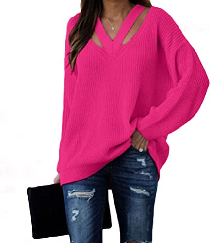 ORANDESIGNE Pulls Femme Pull à Col en V Couleur Unie Sexy Creux Pull en Maille Haut en Tricot Pullover à Manches Longues Chaud Pull Lâche Grande Taille Automne Hiver A Rose Rouge L