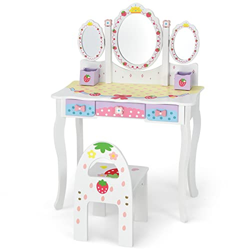 COSTWAY Kinder Schminktisch Set, Prinzessin Frisiertisch mit Klappbarem Spiegel, Schminkhocker und 3 Schubladen, Make-up Schminktisch Frisierkommode für Kinder Mädchen (Weiß)