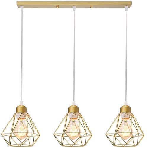 TOKIUS 3-flammig Pendelleuchte 16CM Retro Hängelampe mit Geometrischem Design Lampenschirm E27 Lampe aus Eisen Käfig Gold Hängeleuchte für Esstisch Küche (Pendellampe, Balken)