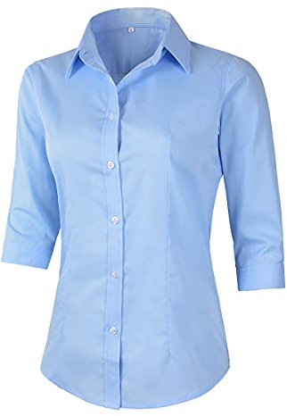 Benibos Women's 3/4 Sleeve Formal Work Wear White Button Down Shirt (226 Light Blue S)