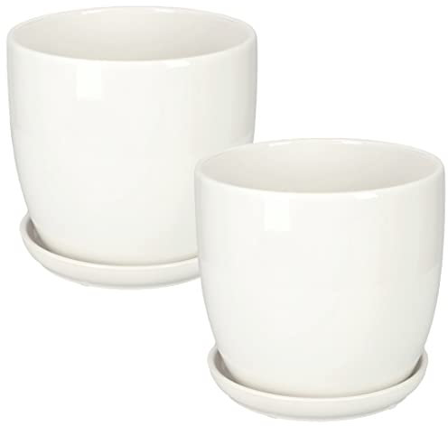 KOTARBAU® Lot de 2 pots de fleurs, en céramique, pour fleurs, plantes, diamètre : 20 cm, avec bac d'égouttement, blanc