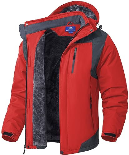 SPOSULEI Herren Winter Fleecejacke Warme Verdickt Gefüttert Skijacke Outdoor Winddicht Wasserdicht Jacke mit Abnehmbarer Kapuze für Wandern Rot L