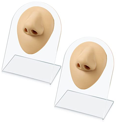 Lot de 2 faux nez en silicone souple réutilisés pour boucles d'oreilles, bijoux, nez en caoutchouc pour pratique du piercing avec support en acrylique (couleur peau, style nez)