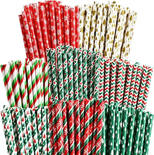 ALINK Lot de 100 pailles en papier de Noël, 8 styles de pailles rayées pour sapin de Noël et flocons de neige