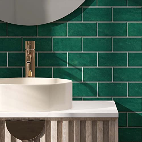 54Pcs Alwayspon Wall Tile Transfers Sticker for Home Decor, Peel & Stick self-Adhesive splashback, Stick On Tile Decals for Living Room Kitchen Bathroom Decor, Green Emerald Cement Brick