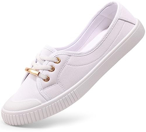 Harvest Land Womens Canvas Shoes Low Top Flat Gym Sports Pumps Trainers Lace Up Flat Ladies Girls Fashion Pumps White UK 6