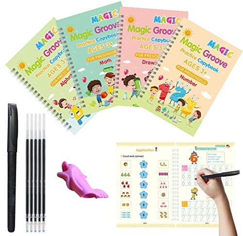 Dous Copybook, gerilltes Handschriftbuch, Kindergarten-Alphabet-Zahlen-Malhandschrift, Zauberbuch für Kinder zum Schreiben (4 Bücher + Stifte)